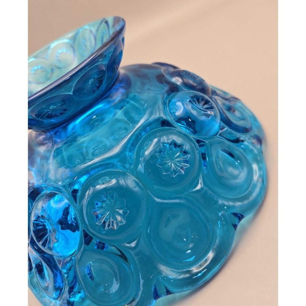 Vintage Bowl Turquoise/Blue L.E. Smith Scalloped Pedestal 'Moon & Stars' (#21) - Picture 8 of 9